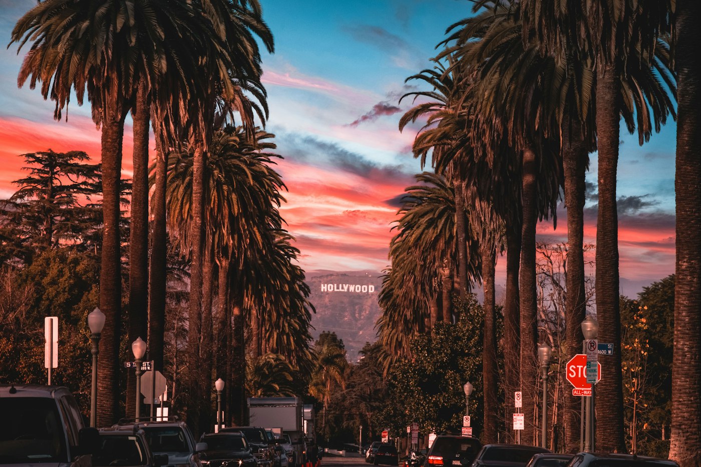 Palm trees and the Hollywood sign at sunset in Los Angeles